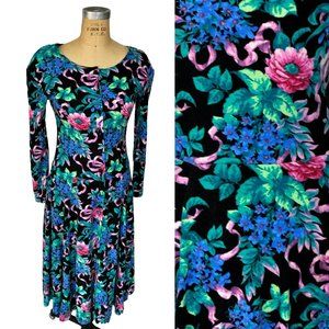 Vintage 80s Floral Shoulderpad Maxi Fitted Dress